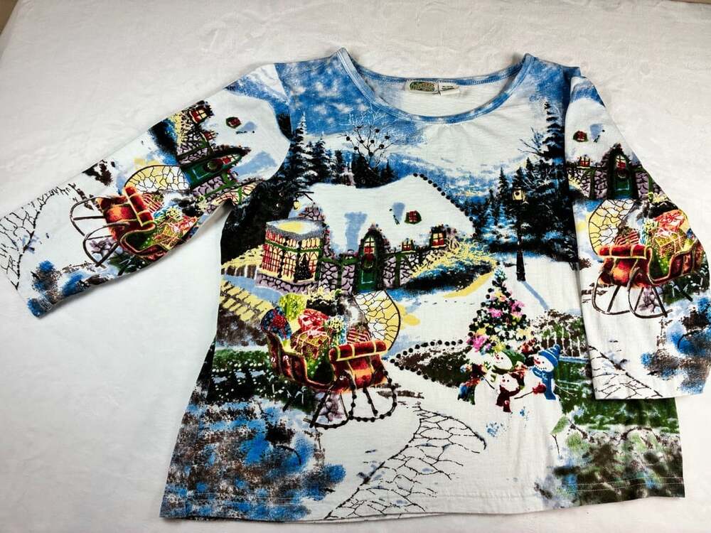 Vintage Collections Etc Christmas Sleigh/Snowman Scene Shirt, Women’s Large